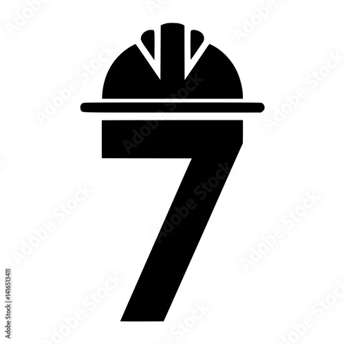 Number 7 with Construction Helmet Illustration, Bold black number 7 topped with a construction hard hat, representing industrial safety, labor, and engineering in a creative numeric form.

