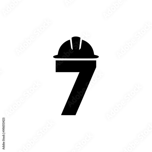 Number 7 with Construction Helmet Illustration, Bold black number 7 topped with a construction hard hat, representing industrial safety, labor, and engineering in a creative numeric form.

