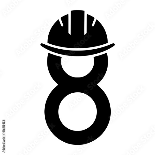 Number 8 with Construction Worker Helmet Design, Stylized black number 8 featuring a construction hard hat, symbolizing safety, labor, and industrial themes through bold numeric design.

