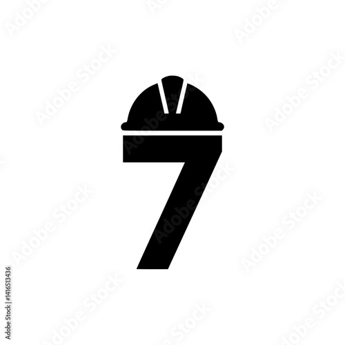 Number 7 with Construction Helmet Illustration, Bold black number 7 topped with a construction hard hat, representing industrial safety, labor, and engineering in a creative numeric form.

