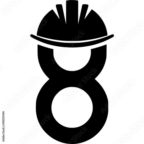 Number 8 with Construction Worker Helmet Design, Stylized black number 8 featuring a construction hard hat, symbolizing safety, labor, and industrial themes through bold numeric design.

