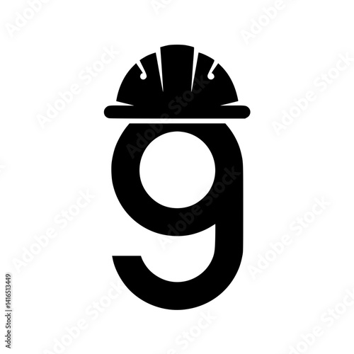 Number 9 with Construction Helmet Graphic Design, Creative black number 9 illustrated with a construction hard hat, combining bold typography with themes of safety, labor, and industry.

