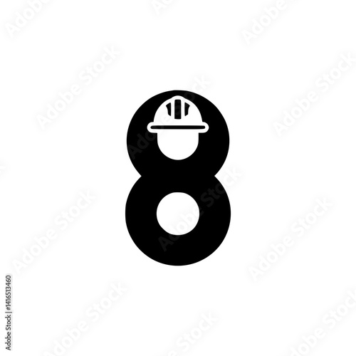 Number 8 with Construction Worker Helmet Design, Stylized black number 8 featuring a construction hard hat, symbolizing safety, labor, and industrial themes through bold numeric design.

