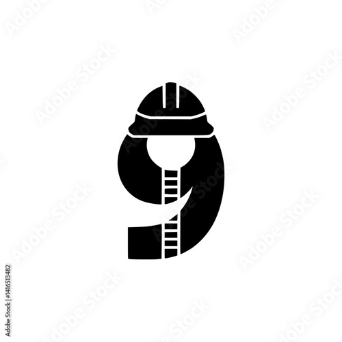 Number 9 with Construction Helmet Graphic Design, Creative black number 9 illustrated with a construction hard hat, combining bold typography with themes of safety, labor, and industry.

