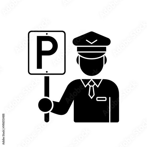Traffic police warden holding parking sign vector icon in black color isolated on white.