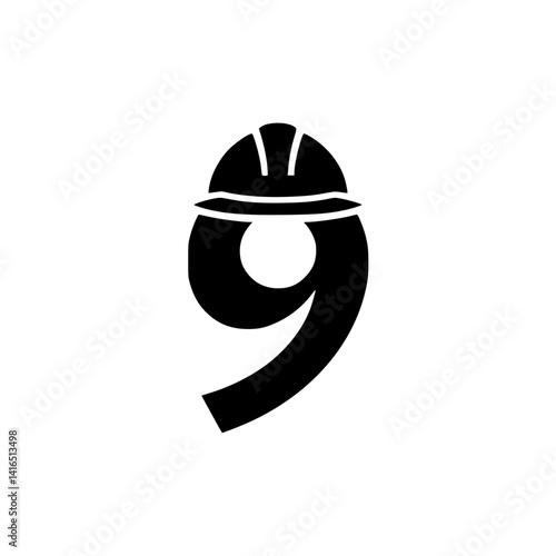 Number 9 with Construction Helmet Graphic Design, Creative black number 9 illustrated with a construction hard hat, combining bold typography with themes of safety, labor, and industry.

