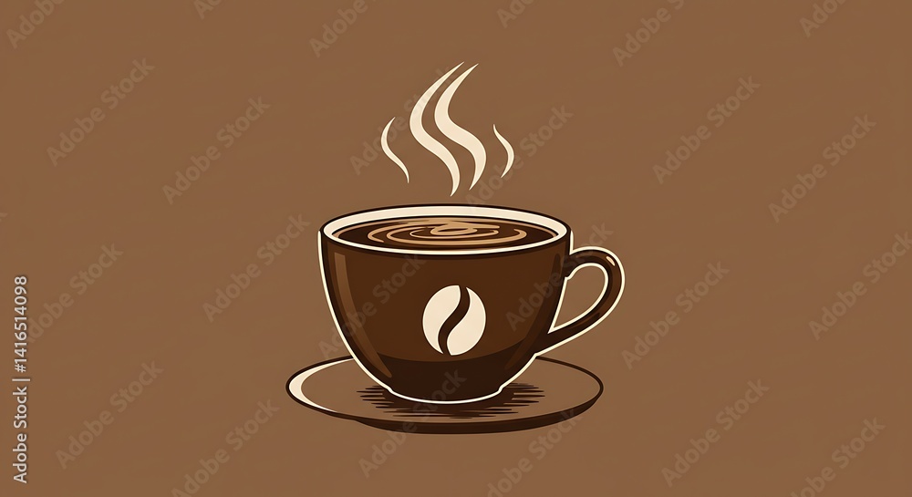 Obraz premium Aromatic Coffee Cup Illustration: A steaming cup of coffee, depicted in a vintage style, rests on a saucer against a warm brown background. The coffee's surface shows a subtle swirl pattern