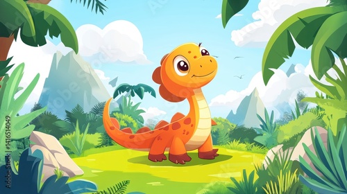 Obraz na płótnie Cute dinosaur in a lush jungle (151) w salonie