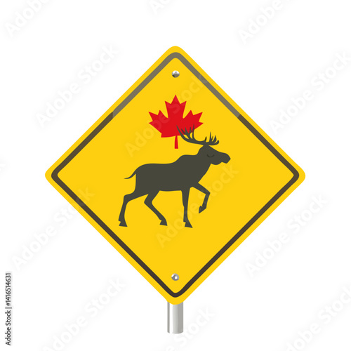 Moose crossing sign with maple leaf in yellow
