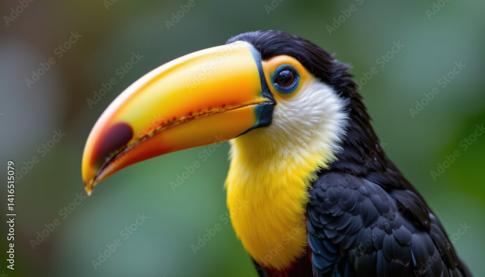 Obraz premium vibrant toucan with striking yellow and orange beak stands against blurred green background