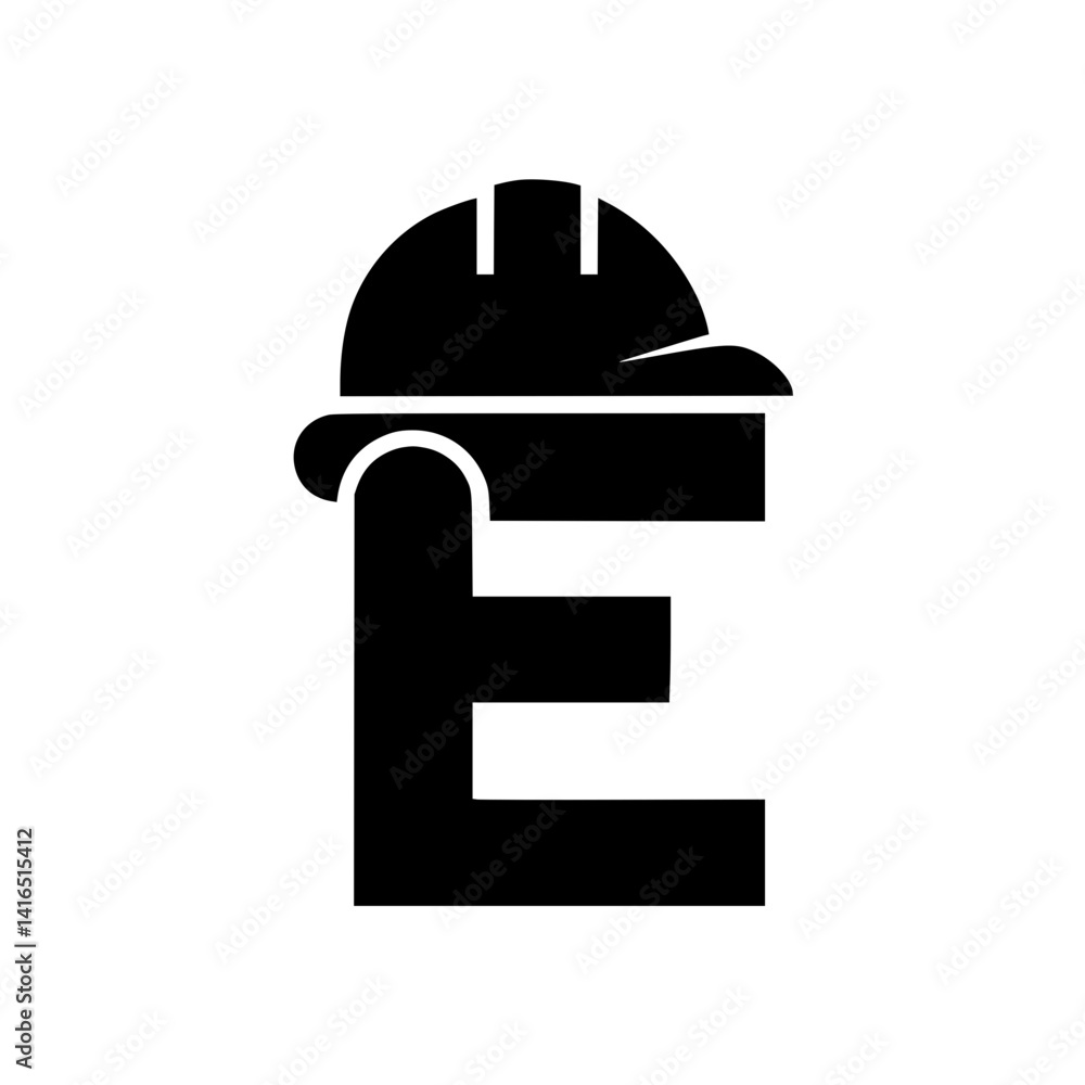 Letter E with Construction Helmet Graphic, Bold black letter E featuring a construction hard hat, combining typography with industrial safety and labor themes in design.
Letter E with Construction Helmet Graphic, Bold black letter E featuring a construction hard hat, combining typography with industrial safety and labor themes in design.