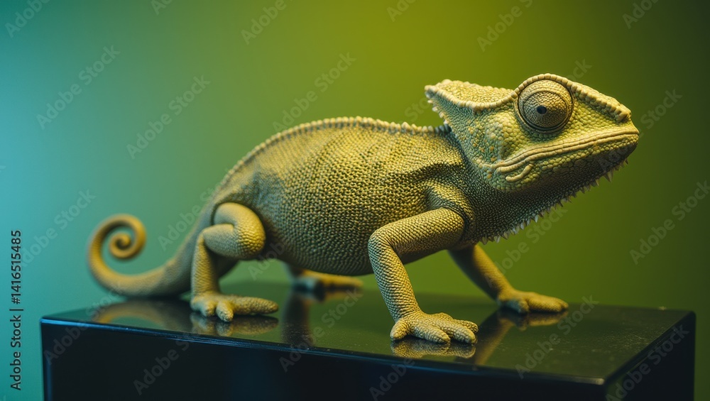 Obraz premium Curious chameleon sculpture crawling forward in green smoky lighting