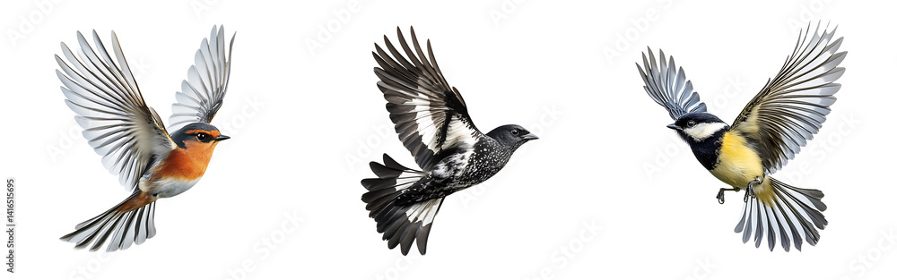 Obraz premium Set of birds soaring gracefully through the air with wings spread isolated on a white or transparent background.