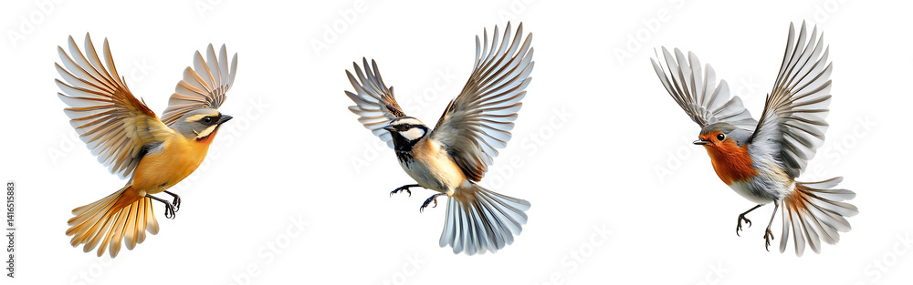 Obraz premium Set of birds gliding through the air with their wings spread isolated on a white or transparent background.