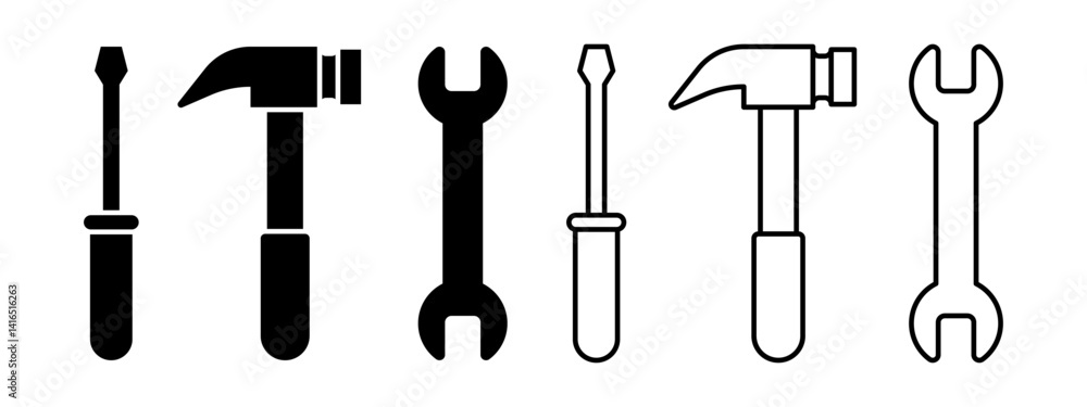 Vector isolated Mechanic Tools icon set in black outline and fill Vector isolated Mechanic Tools icon set in black outline and fill