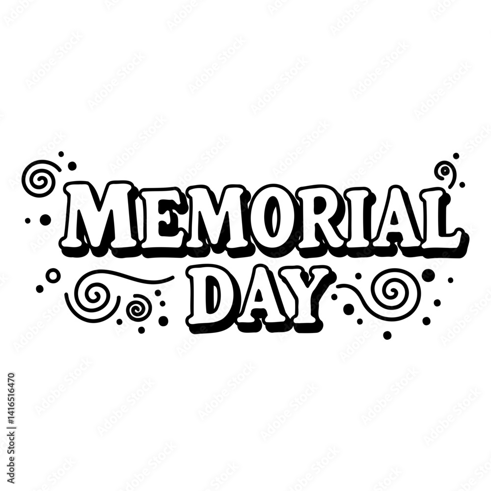 Fototapeta premium Bold, stylized Memorial Day text with decorative swirls and dots. Perfect for patriotic advertising or editorial use.