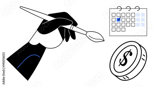 Hand grasping a paintbrush, marked calendar, and coin emphasizing creative work, time management, and earning. Ideal for freelancing, productivity, finance, scheduling time management budgeting