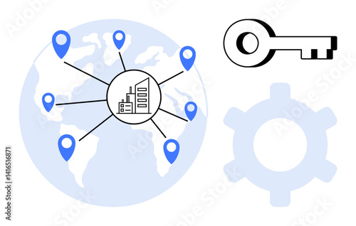 World map with pins highlighting business locations, central hub representing headquarters. Features key and gear for access, operations, strategy. Ideal for globalization, innovation, strategy