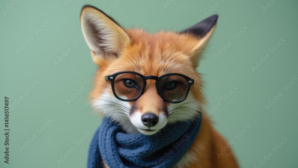 Adventurous fox in black shades and scarf light green background portrait Adventurous fox in black shades and scarf light green background portrait