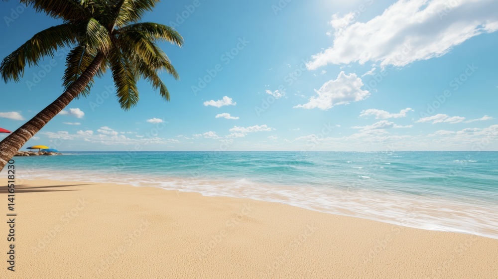 Tropical beach scene featuring a lone palm tree silhouetted against a clear blue sky and sparkling ocean waves Tropical beach scene featuring a lone palm tree silhouetted against a clear blue sky and sparkling ocean waves