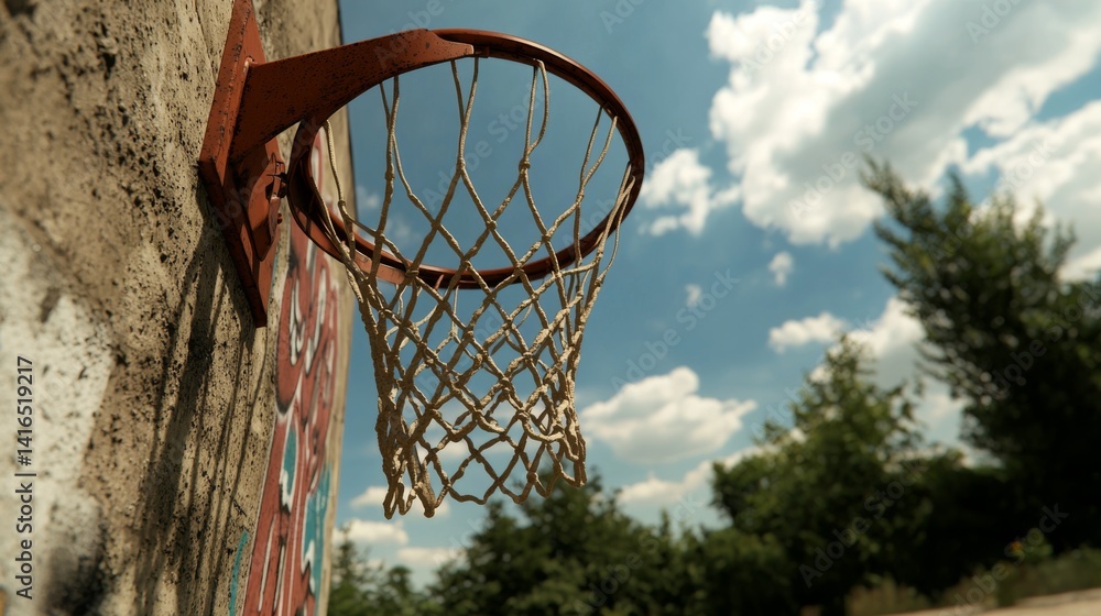 Basketball hoop mounted on a wall surrounded by a colorful mural creating a dynamic urban sports atmosphere Basketball hoop mounted on a wall surrounded by a colorful mural creating a dynamic urban sports atmosphere