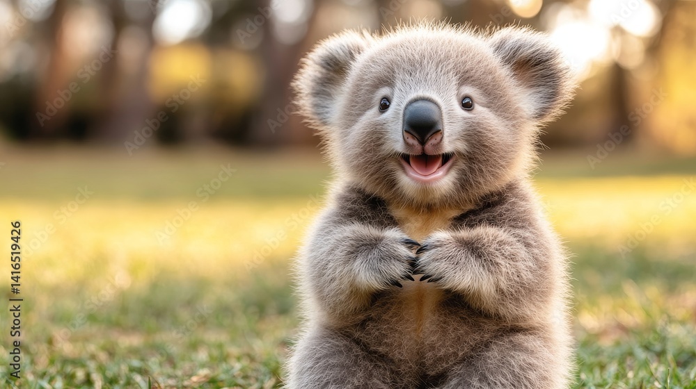 Obraz premium Adorable Australian Koala Bear Cub Stands on Green Grass with Fluffy Fur and Expressive Eyes Symbolizing Wildlife Conservation and Natural Beauty for Children
