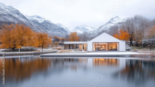 Modern house on a lake, winter scene