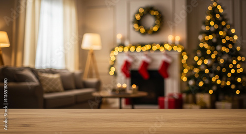 Christmas living room with a decorated tree, fireplace, and holiday ornaments in soft focus.