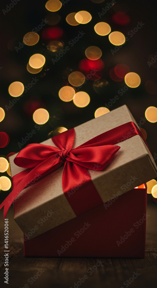 An open gift box adorned with a red ribbon, set against a backdrop of festive bokeh lights. An open gift box adorned with a red ribbon, set against a backdrop of festive bokeh lights.
