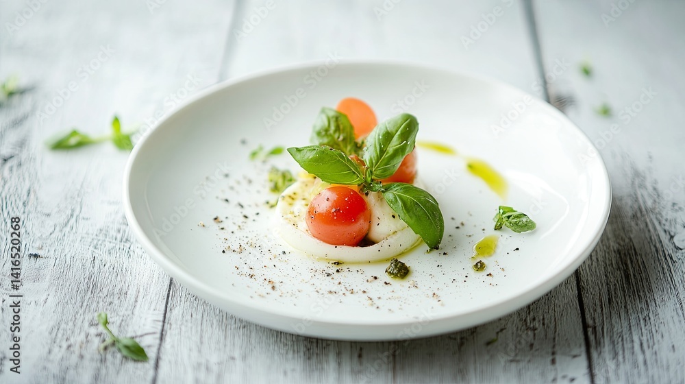 A clean white plate of caprese salad with fresh basil, placed on a light wooden table digital A clean white plate of caprese salad with fresh basil, placed on a light wooden table digital