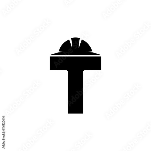 Letter T with Construction Worker Helmet Design, Bold black letter T featuring a construction hard hat, creatively representing industrial safety, labor, and engineering themes in typography.

