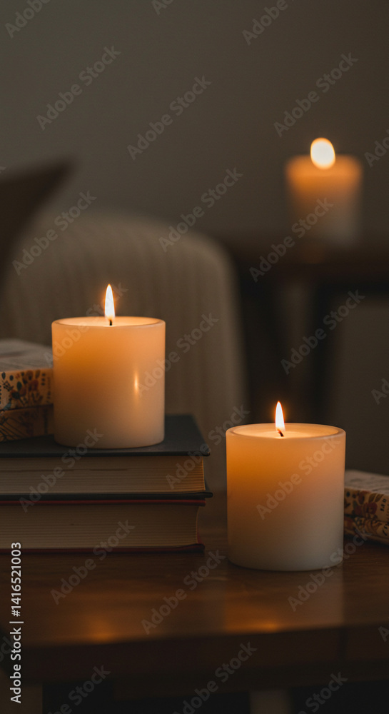 A captivating close-up captures glowing candles next to stacked books on a wooden table. A captivating close-up captures glowing candles next to stacked books on a wooden table.