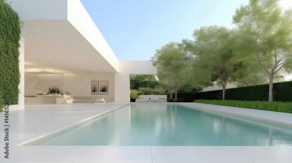 Fototapeta premium Modern minimalist home exterior with pool and lush landscaping. Spacious open-plan living area seamlessly connects with outdoor patio