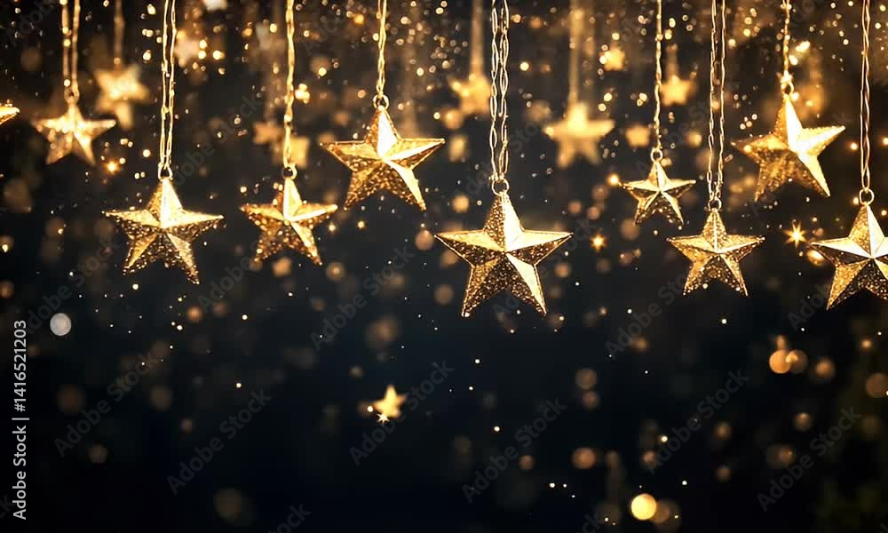 Golden star ornaments, dark background, sparkling lights.