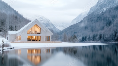 Modern chalet by a serene winter lake