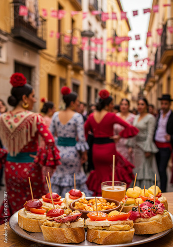 A lively Spanish fiesta, featuring vibrant flamenco dresses and delicious tapas in a street scene.