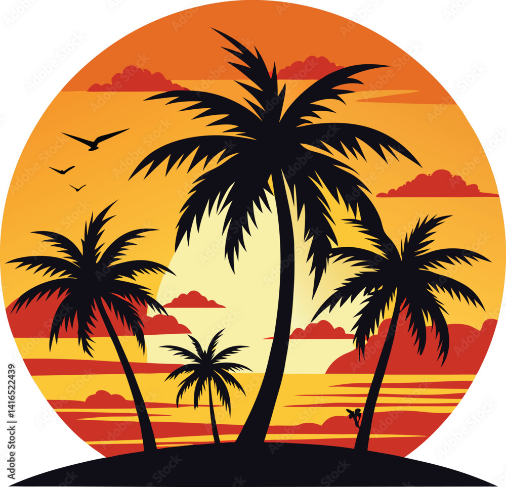 Palm trees on the beach at sunset. Vector illustration for design Palm trees on the beach at sunset. Vector illustration for design