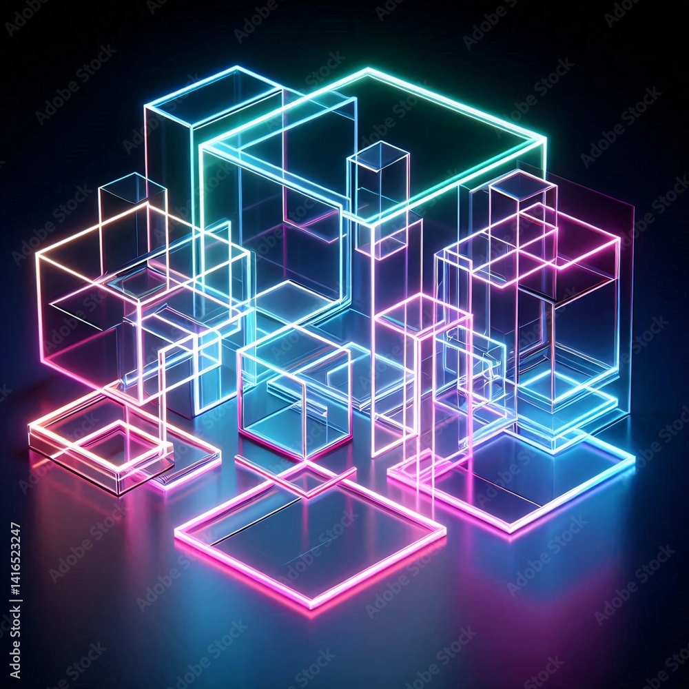 Fototapeta premium Abstract Neon Cubes and Geometric Shapes