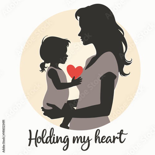 Mother's Love: A minimalist vector silhouette of a mother holding a heart, symbolizing maternal affection and care. Perfect for Mother's Day or family-themed designs. Simple, monochrome graphic for