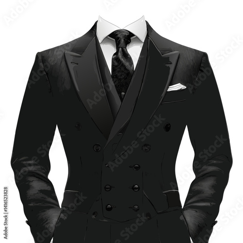 sophisticated vector illustration of bespoke tailor boutique style, featuring close up of suit jacket with crisp white shirt and tie, emphasizing elegance and refinement