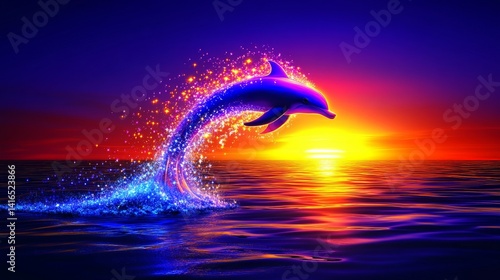 Majestic dolphin leaping against a vibrant sunset ocean scene captivating water mammal acrobatics illuminated by brilliant sun rays marine elegance and freedom