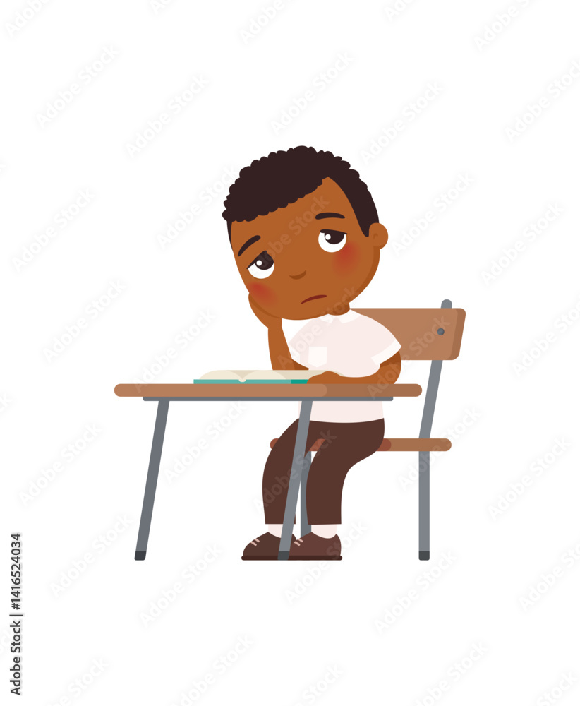 Fototapeta premium Little boy with dark skin and thoughtful, tired expression sitting at school desk. Concept of emotions boredom, thoughtfulness, absent-mindedness or tiredness. Cartoon character illustration