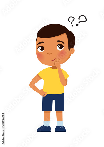 Little boy in a thoughtful pose.
Two question marks are drawn above head. Concept of emotions of thoughtfulness, uncertainty, doubt.
Cartoon character