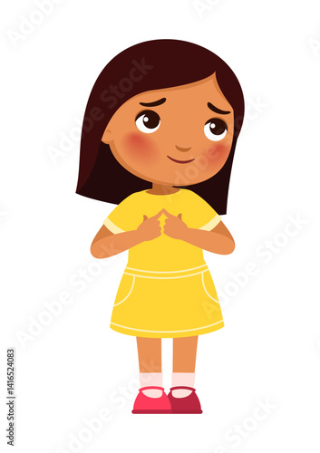 Little girl in a shy pose.
Concept of emotions indecision, embarrassment or uncertainty.
Cartoon character illustration