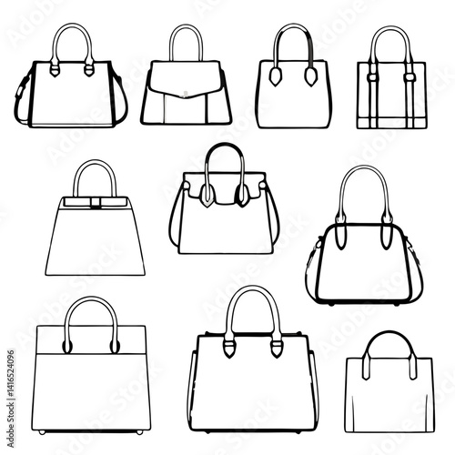Two elegant handbag illustrations, one with flap closure and other with classic open top, showcasing minimalist design and sleek lines