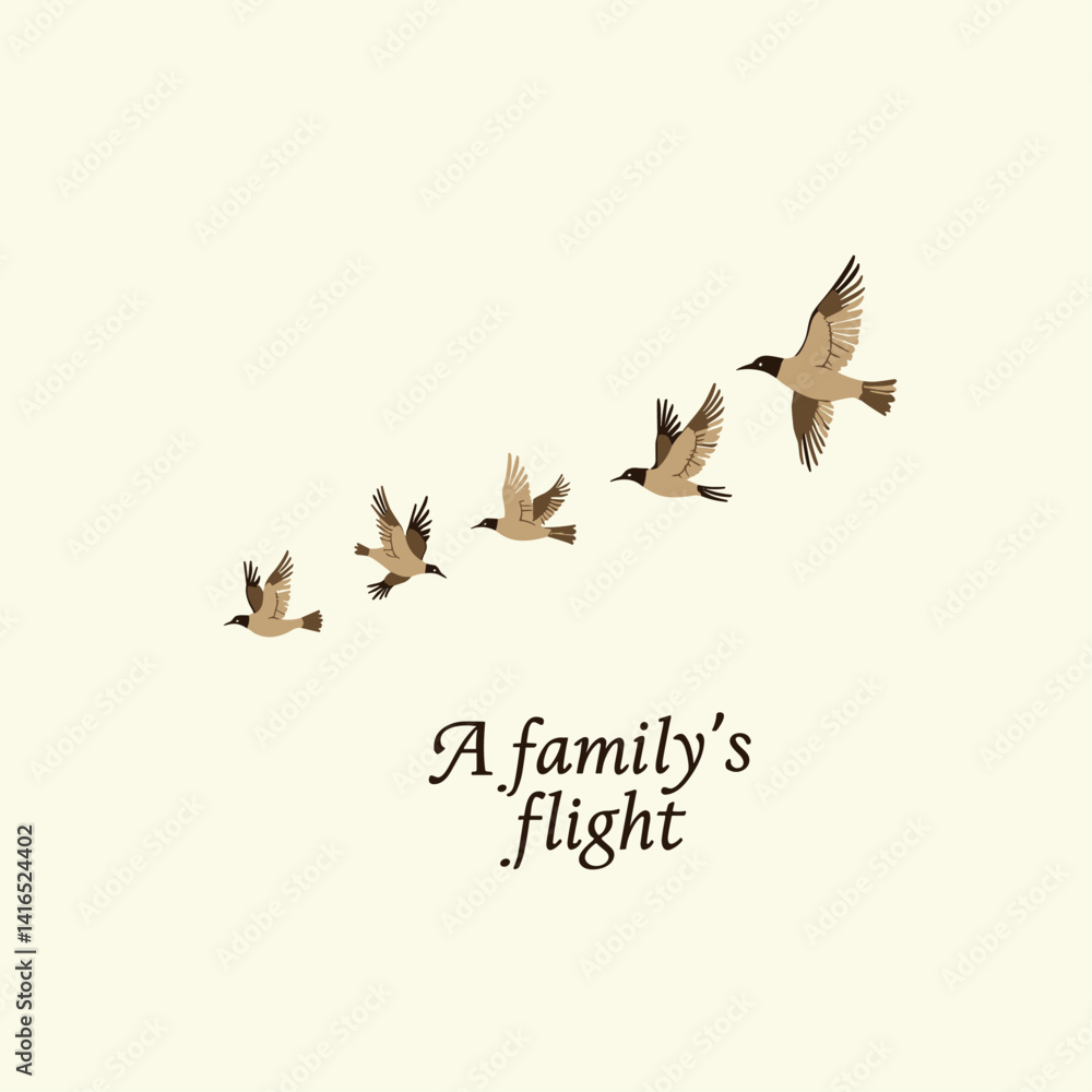 Fototapeta premium A Family's Flight: Vector Illustration of Birds Flying Together. Warm and Elegant Design for Mother's Day and May Celebrations. Simple Lines and Soft Colors Depict Family Connection. Bird Family Art