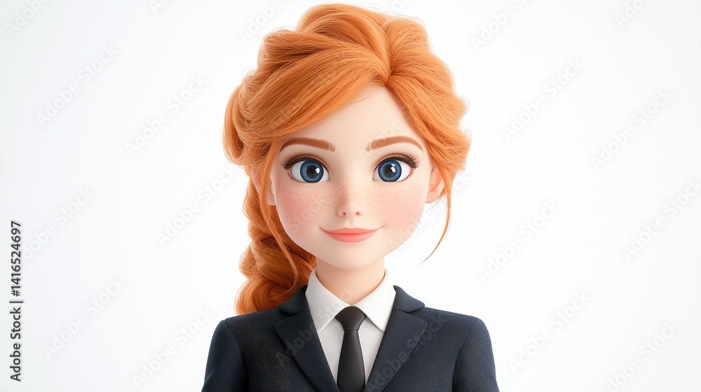 Stylized female business character portrait cartoon animation avatar orange hair dark suit Stylized female business character portrait cartoon animation avatar orange hair dark suit