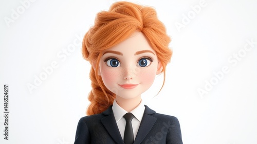 Stylized female business character portrait cartoon animation avatar orange hair dark suit