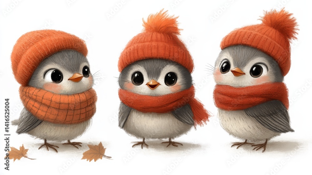 Fototapeta premium Charming winter trio adorable feathered friends knitted hats warm scarves delightful autumn leaves whimsical seasonal illustration inviting holiday spirit