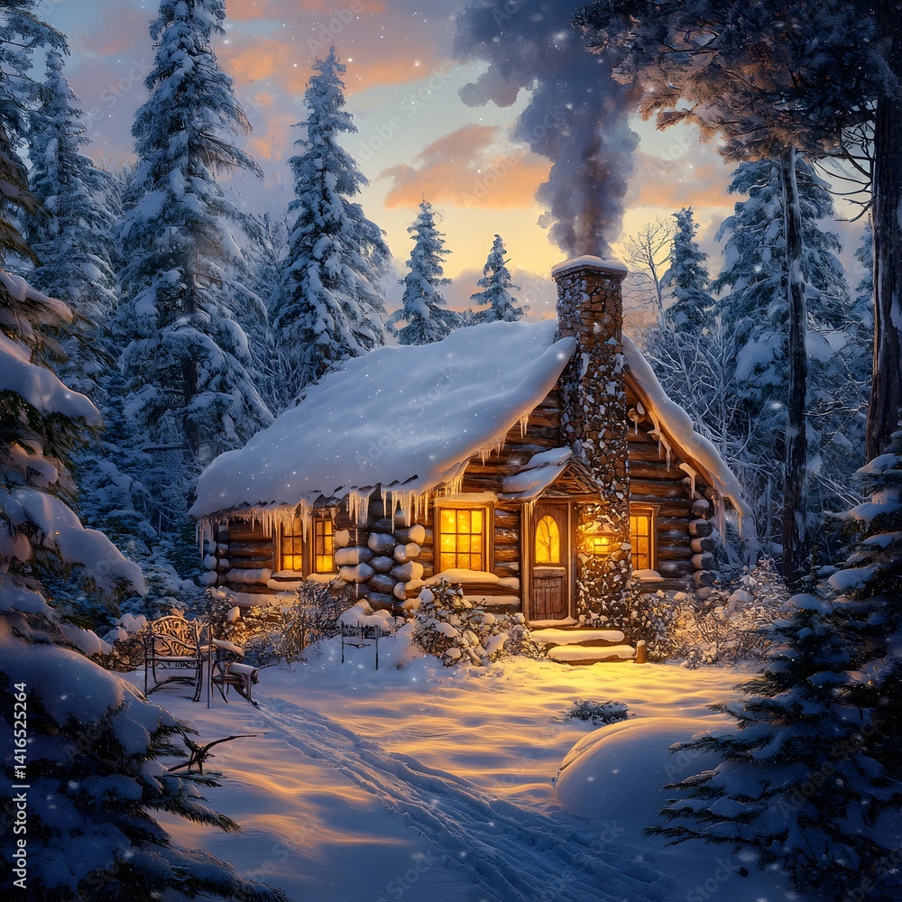 Naklejka premium Cozy rustic log cabin in snowy forest du winter with warm glowing lights and smoke rising from chimney under twilight sky
